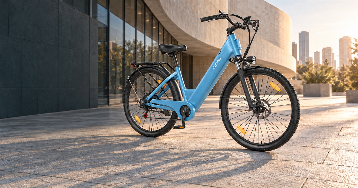 Illustrative sky-blue VELOPRO C1 parked in a modern city setting