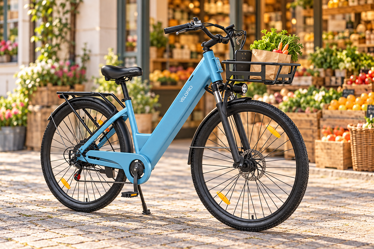 Illustrative VELOPRO C1 with an optional front basket carrying groceries