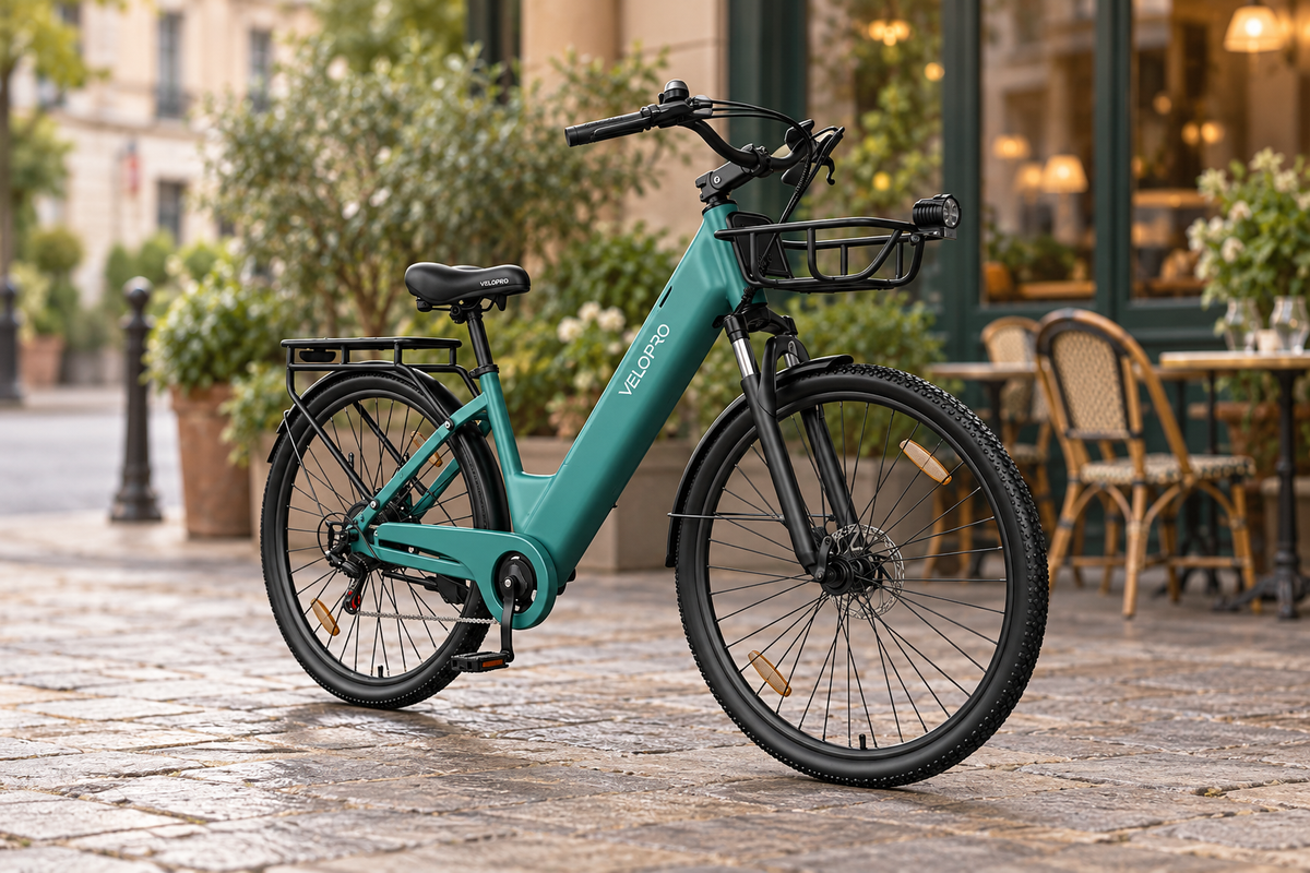 Illustrative VELOPRO C1 Pro parked outside a street cafe